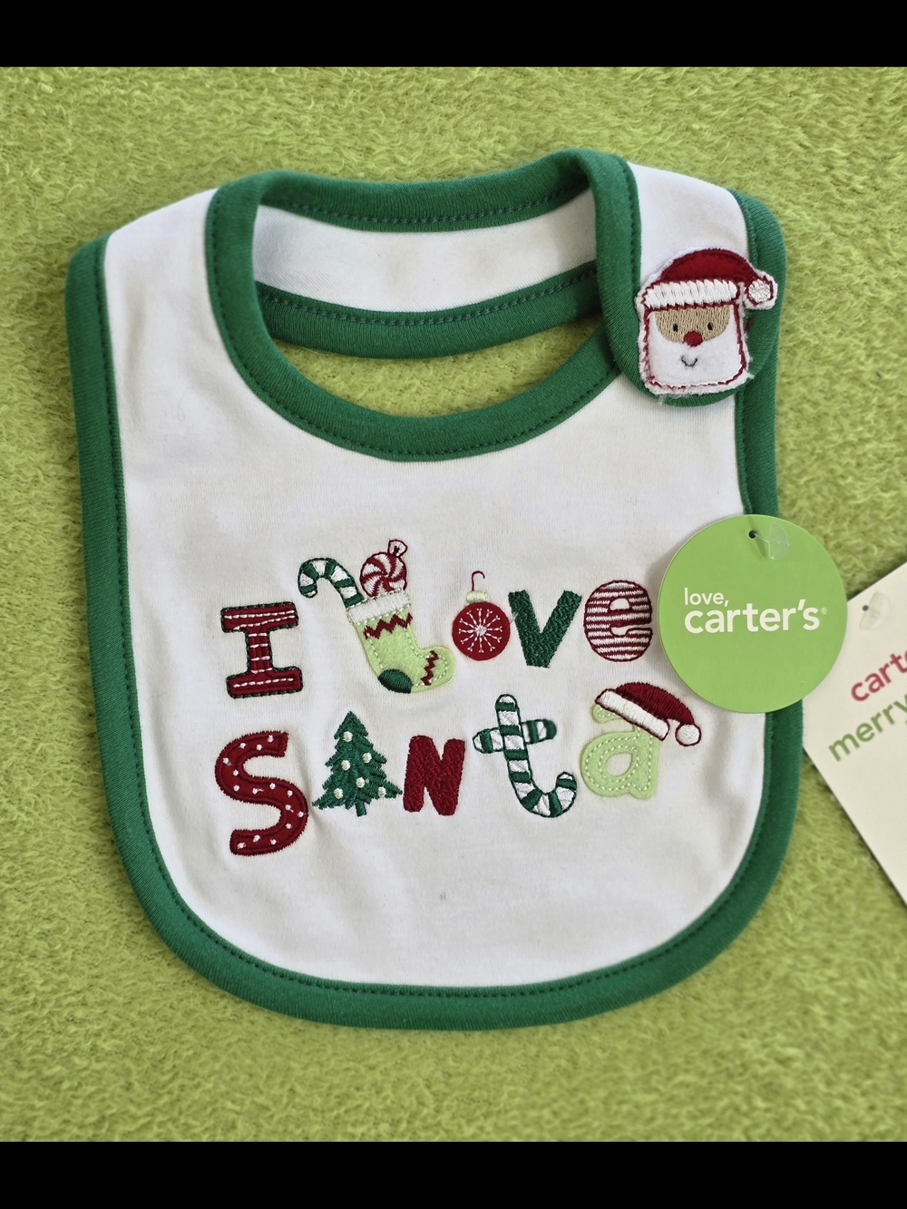 NWT  Baby BOYS & GIRLS White & Green CHRISTMAS BIB - I Love Santa -CARTERS (Q6))